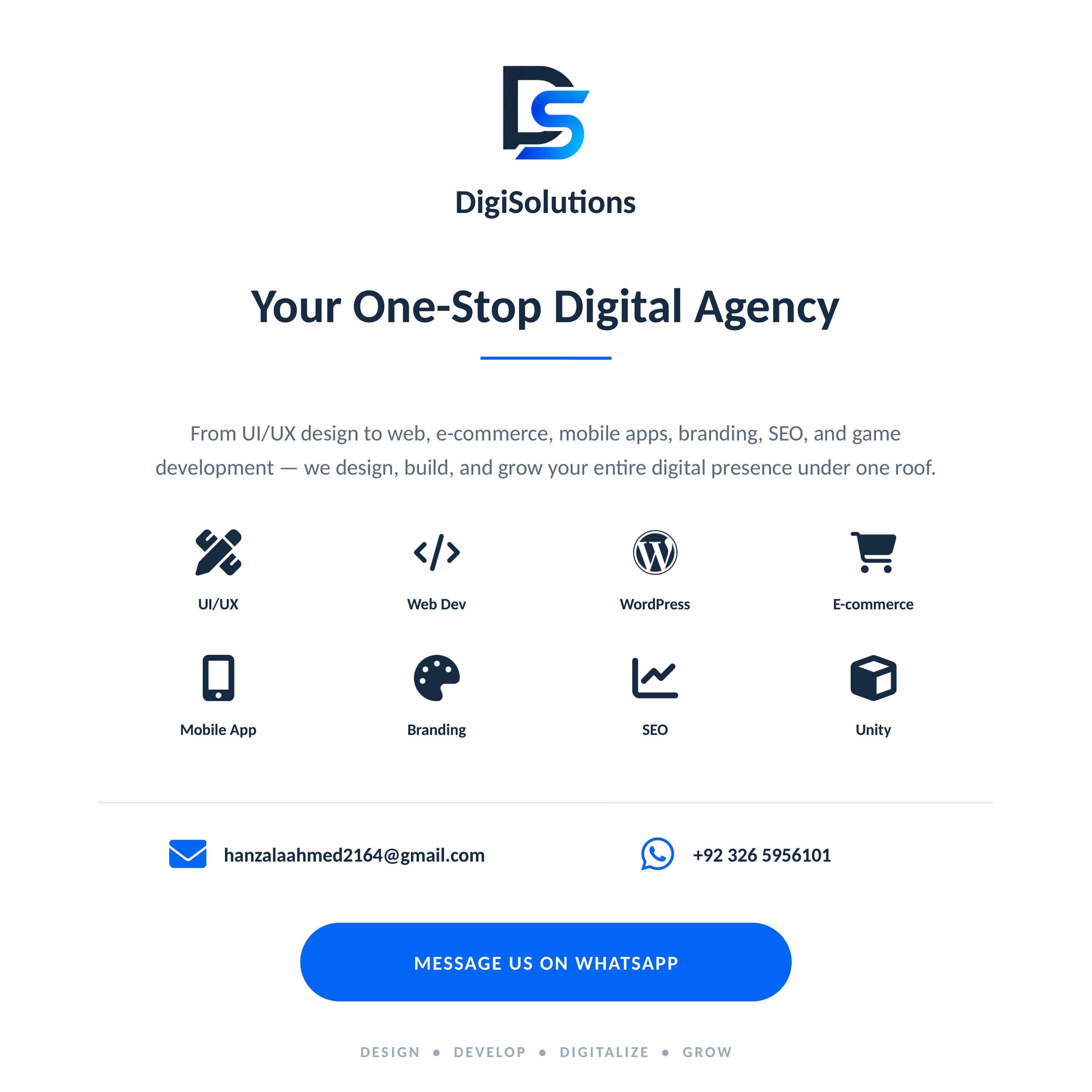 DigiSolutions Meta ad poster with the headline “Your One-Stop Digital Agency”, the studio's service icons and contact details