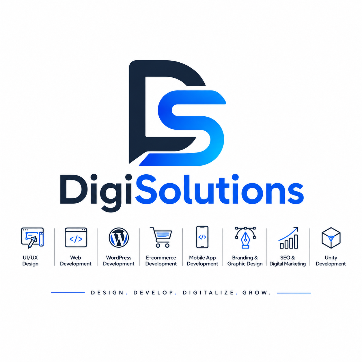 DigiSolutions logo lockup above its eight service icons: UI/UX design, web development, WordPress, e-commerce, mobile app, branding and graphic design, SEO and digital marketing, and Unity development